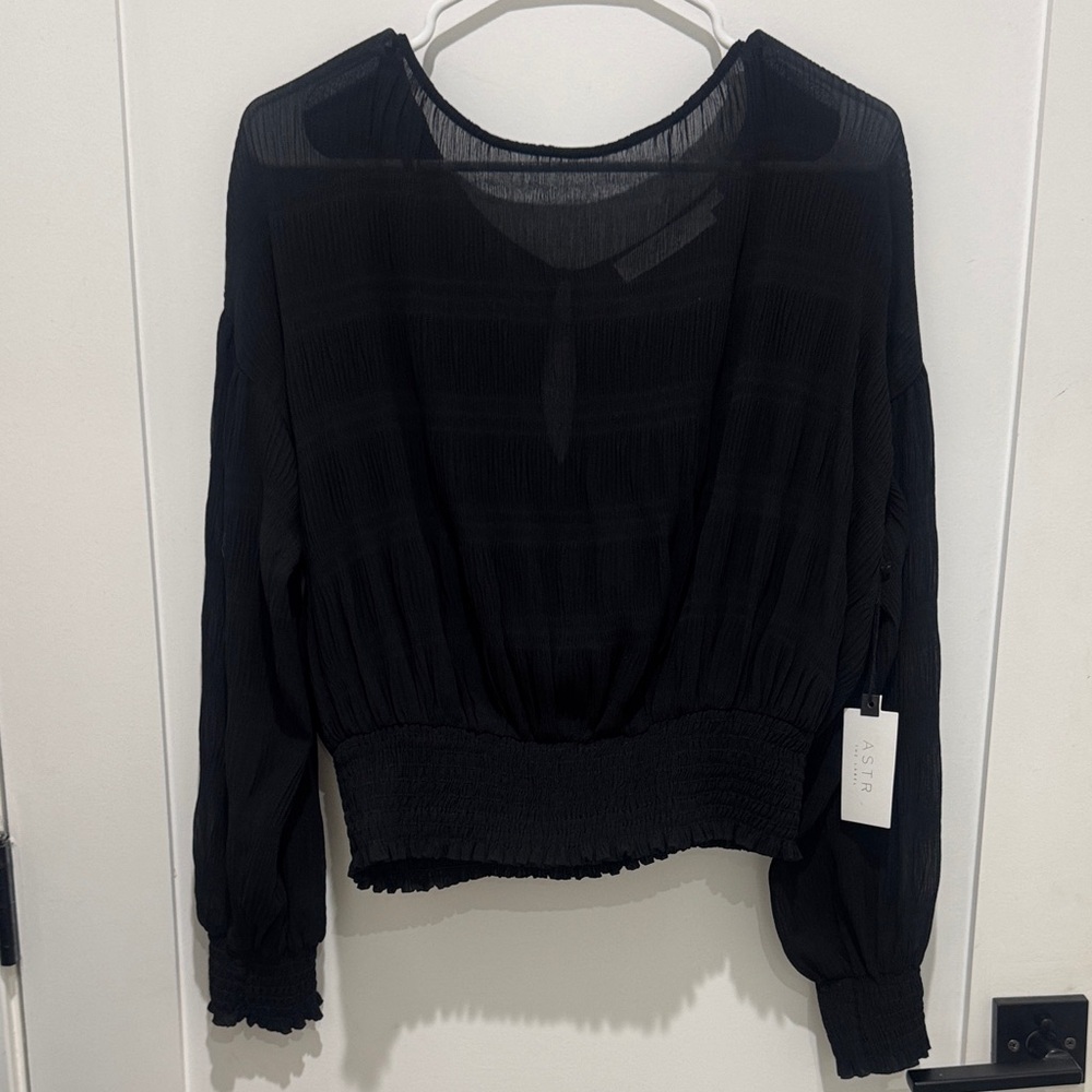 Astr Black Sheer Smocked-Hem Long Sleeve Blouse